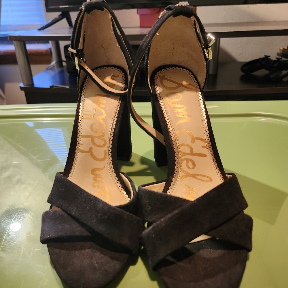 Sam Edelman Black Suede Crisscross Ankle-Strap Block Heels